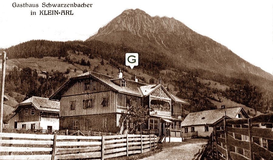 Historische Aufnahme des Gasthaus Schwarzenbacher und späteren Hotel Guggenberger in Kleinarl
