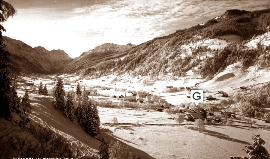 Historisches Panoramafoto Kleinarl mit Hotel Guggenberger eingezeichnet